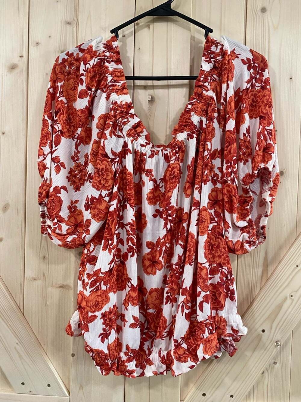 maurices Women's XXL White Red Floral Print Off-the-Shoulder Short Sleeve Blouse